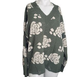 Entro Anthropologie Small Sweater pullover flower ribbed stretch hole design